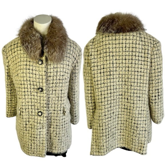 VINTAGE WOOL TWWED TRENCH COAT VINTAGE FUR VOAT CREAM BLACK  PLAID PATTERN S - Picture 1 of 10